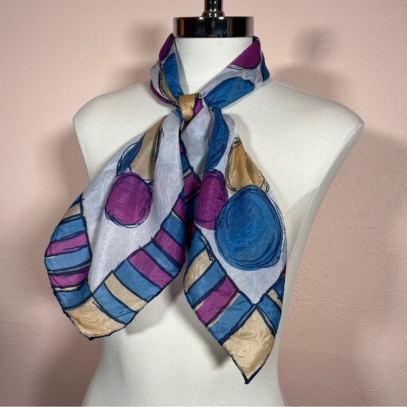 Vintage 40 50 Retro MOD Large Circle Dot Magenta Blue Large Square Scarf - Picture 9 of 17